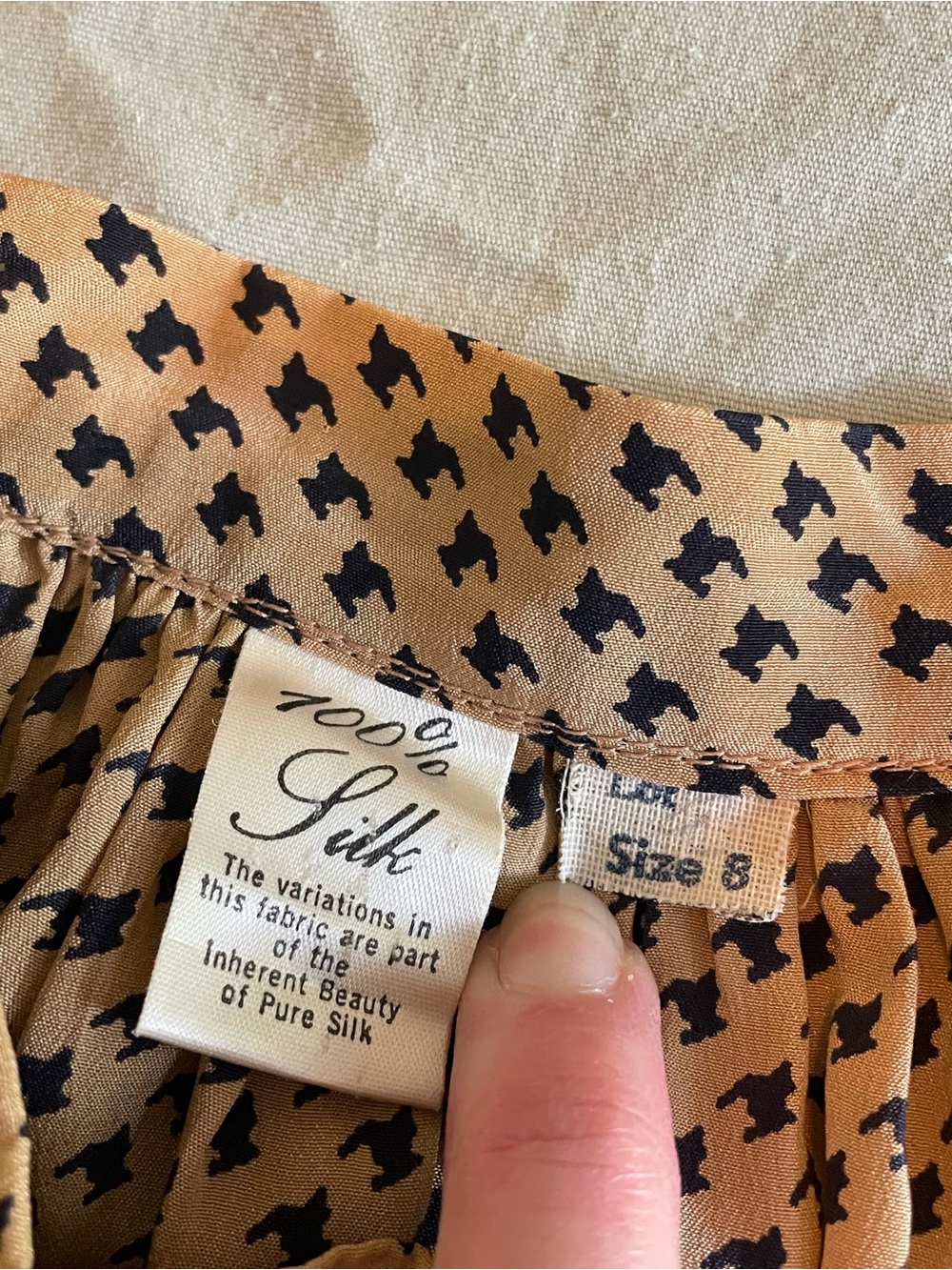 100% Silk Skirt in Tan with Black Print